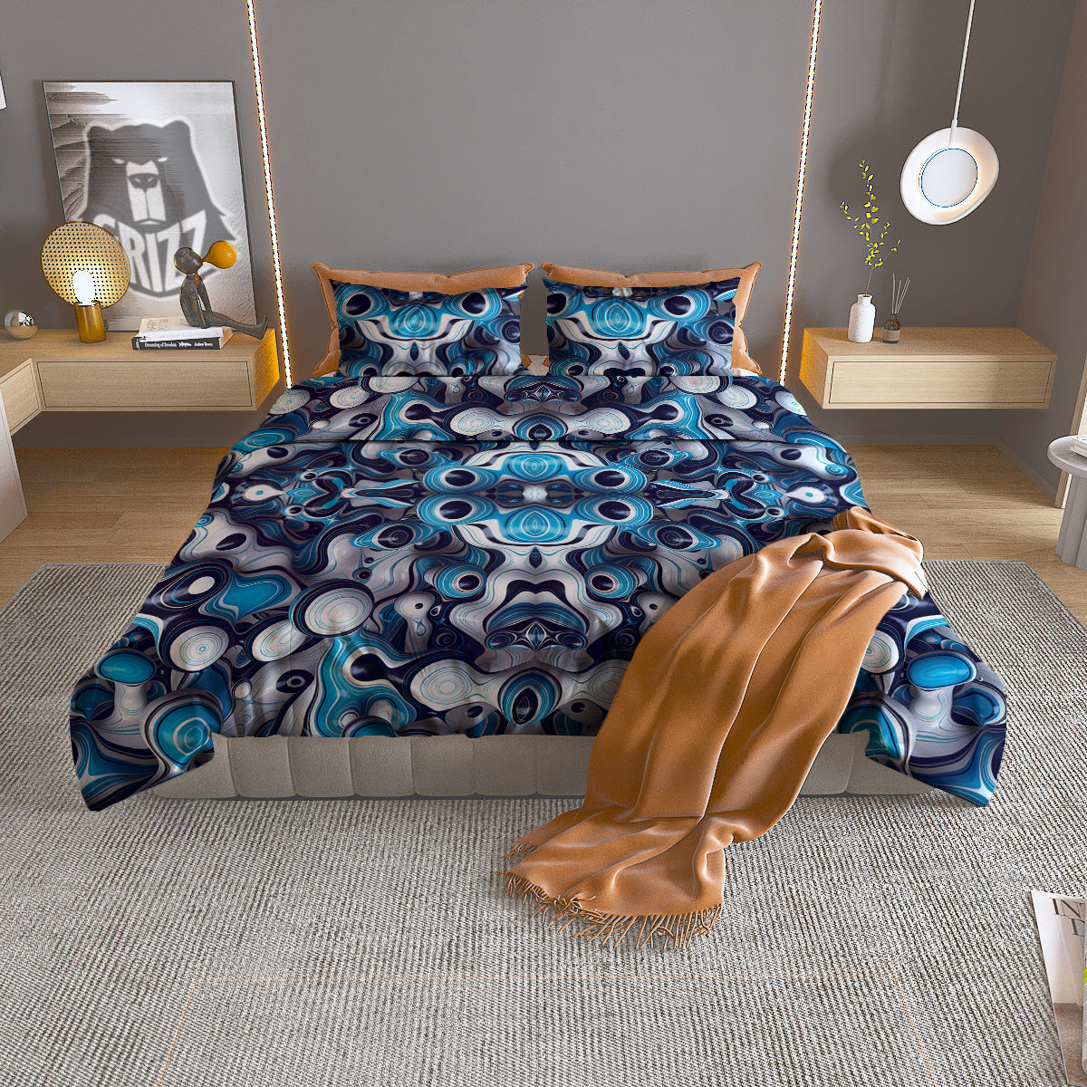 Abstract Wavy Bubbles Blue White Print Pattern Duvet Cover Bedding Set