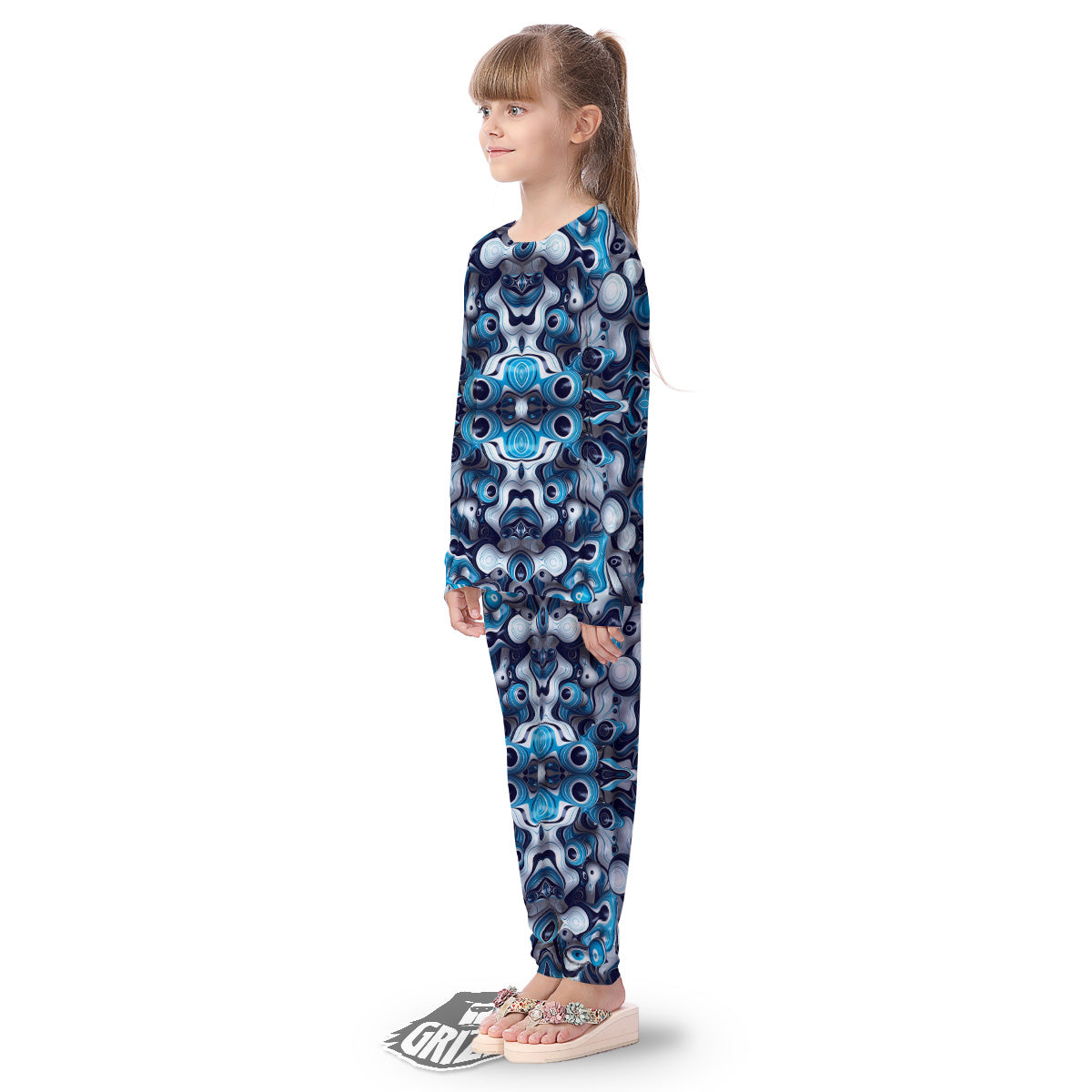 Abstract Wavy Bubbles Blue White Print Pattern Kid's Pajamas-grizzshop