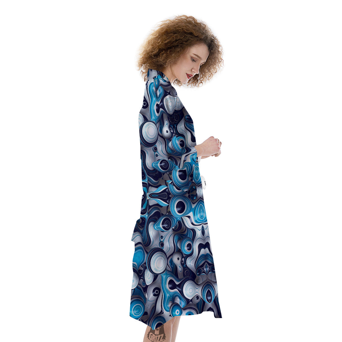 Abstract Wavy Bubbles Blue White Print Pattern Kimono-grizzshop