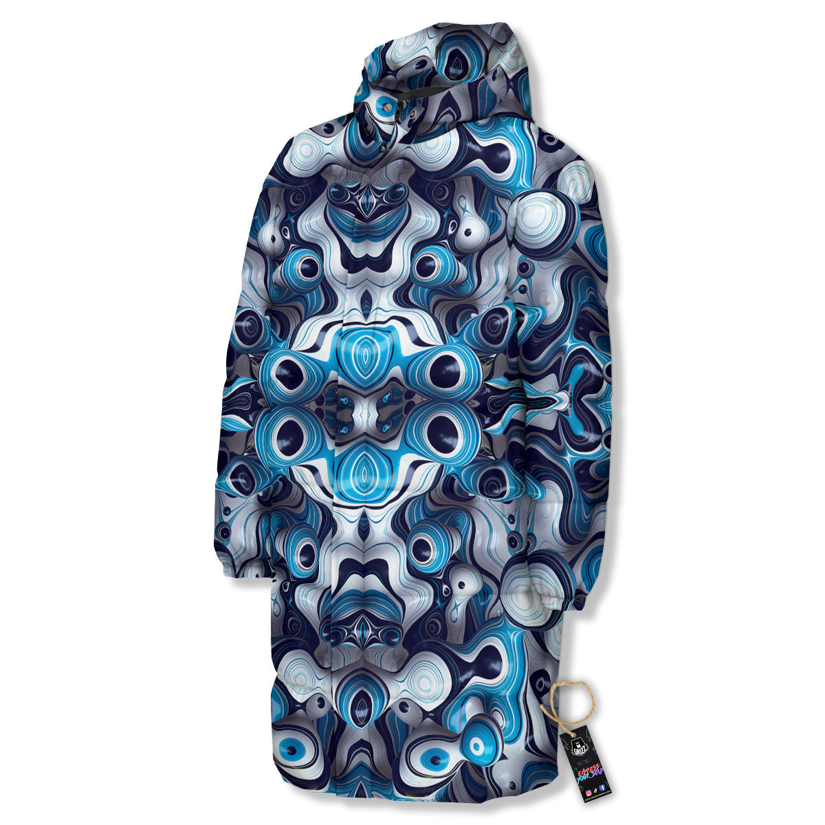 Abstract Wavy Bubbles Blue White Print Pattern Long Down Jacket-grizzshop