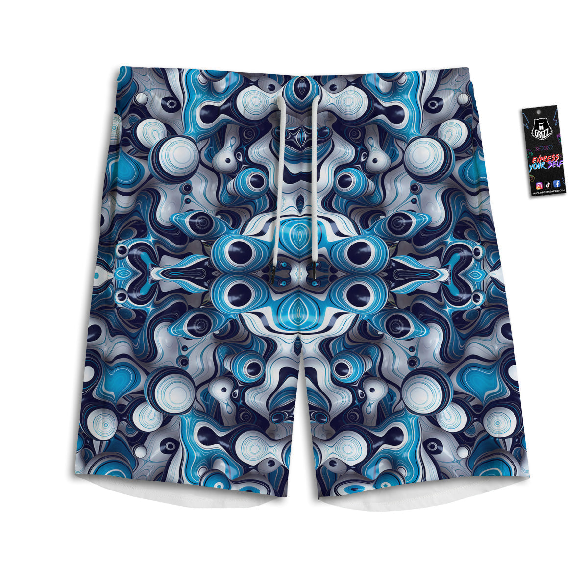 Abstract Wavy Bubbles Blue White Print Pattern Men's Athletic Shorts