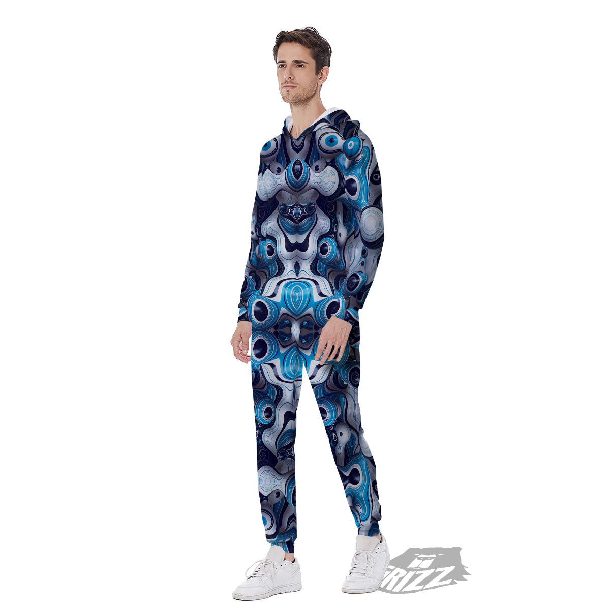 Abstract Wavy Bubbles Blue White Print Pattern Men's Jumpsuit-grizzshop