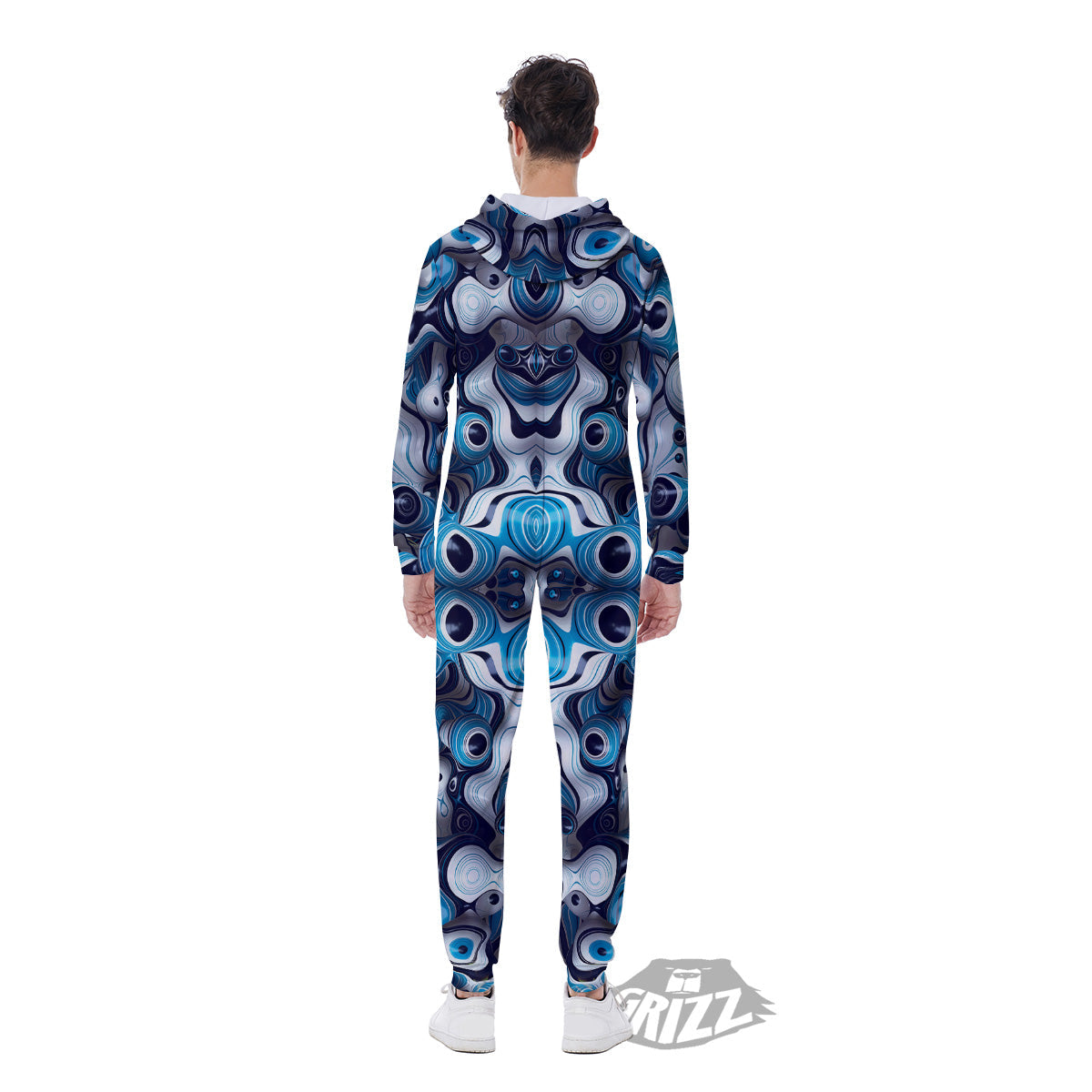 Abstract Wavy Bubbles Blue White Print Pattern Men's Jumpsuit-grizzshop