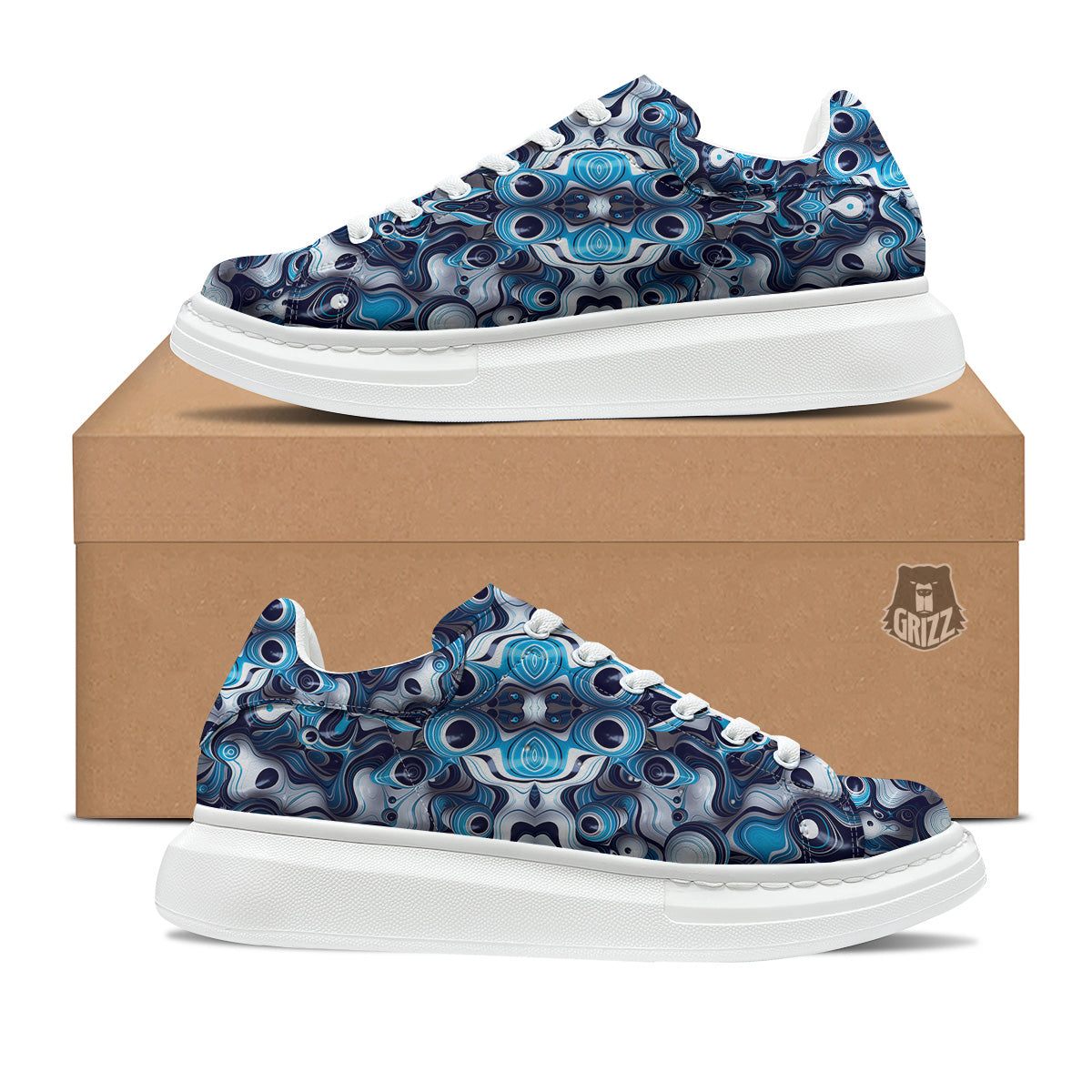 Abstract Wavy Bubbles Blue White Print Pattern Platform Shoes-grizzshop