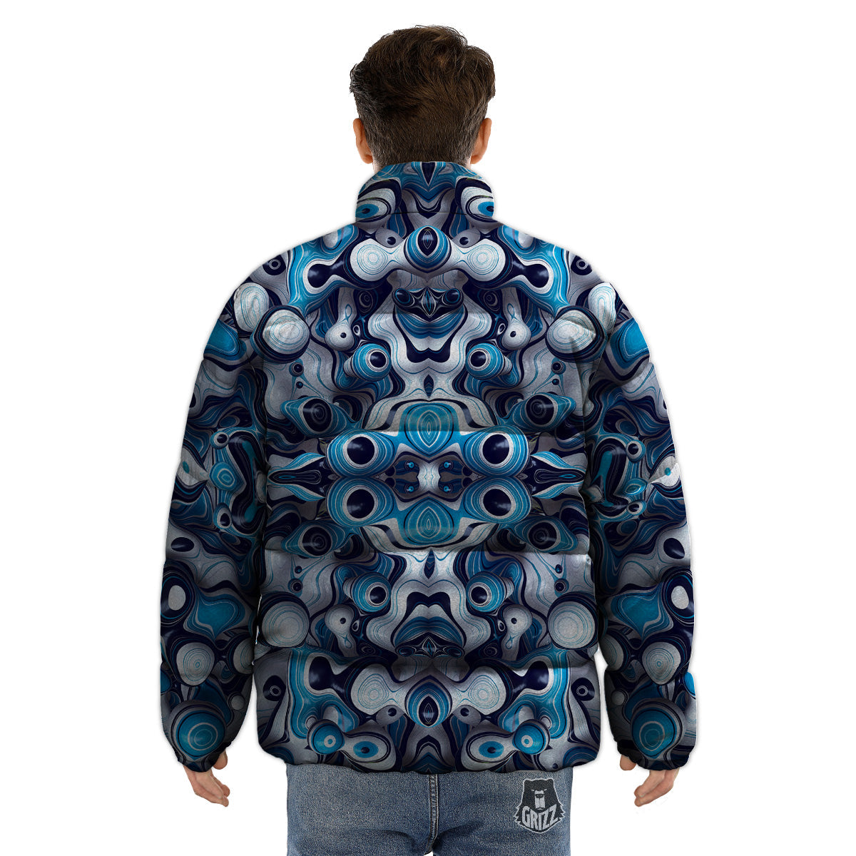 Abstract Wavy Bubbles Blue White Print Pattern Puffer Jacket-grizzshop