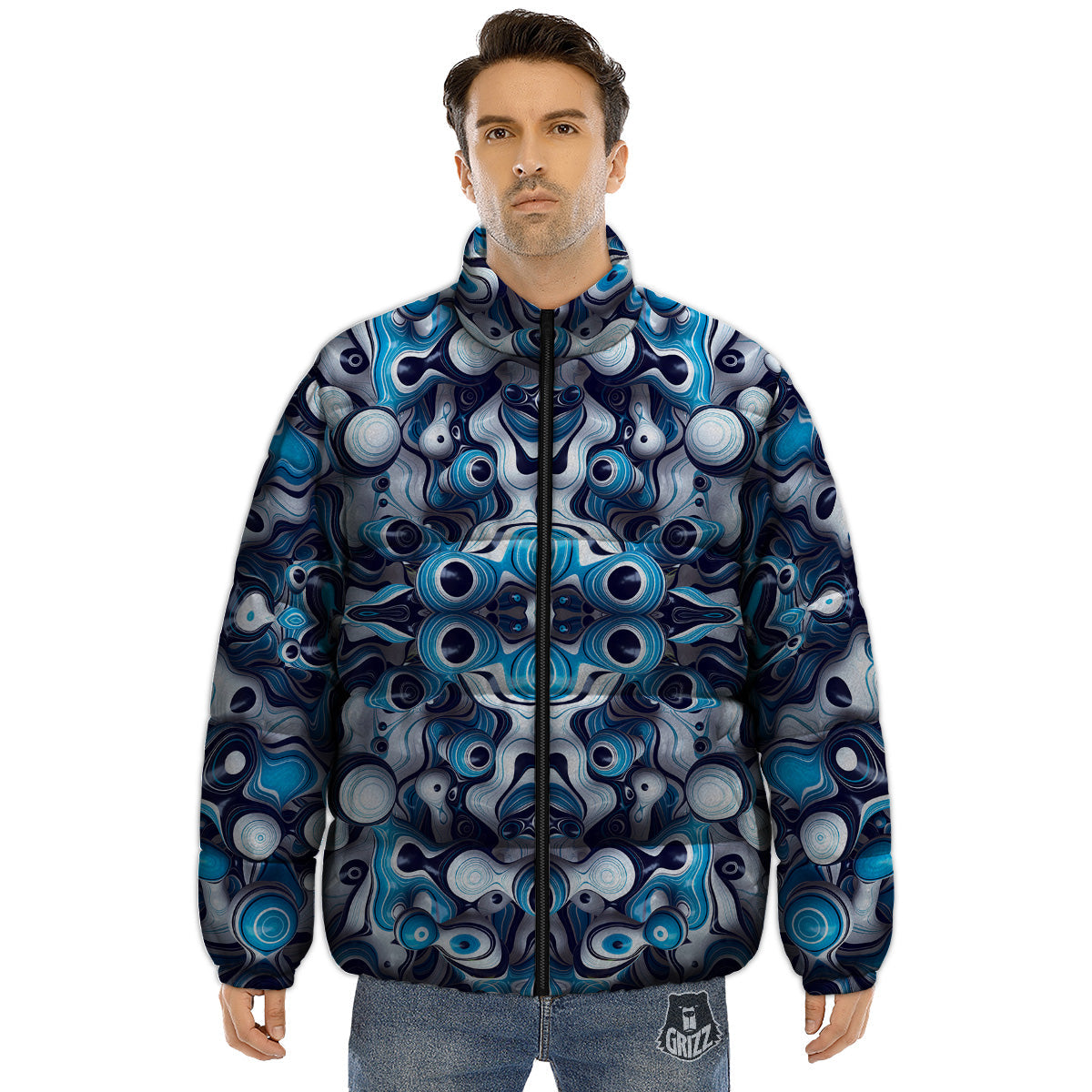 Abstract Wavy Bubbles Blue White Print Pattern Puffer Jacket-grizzshop