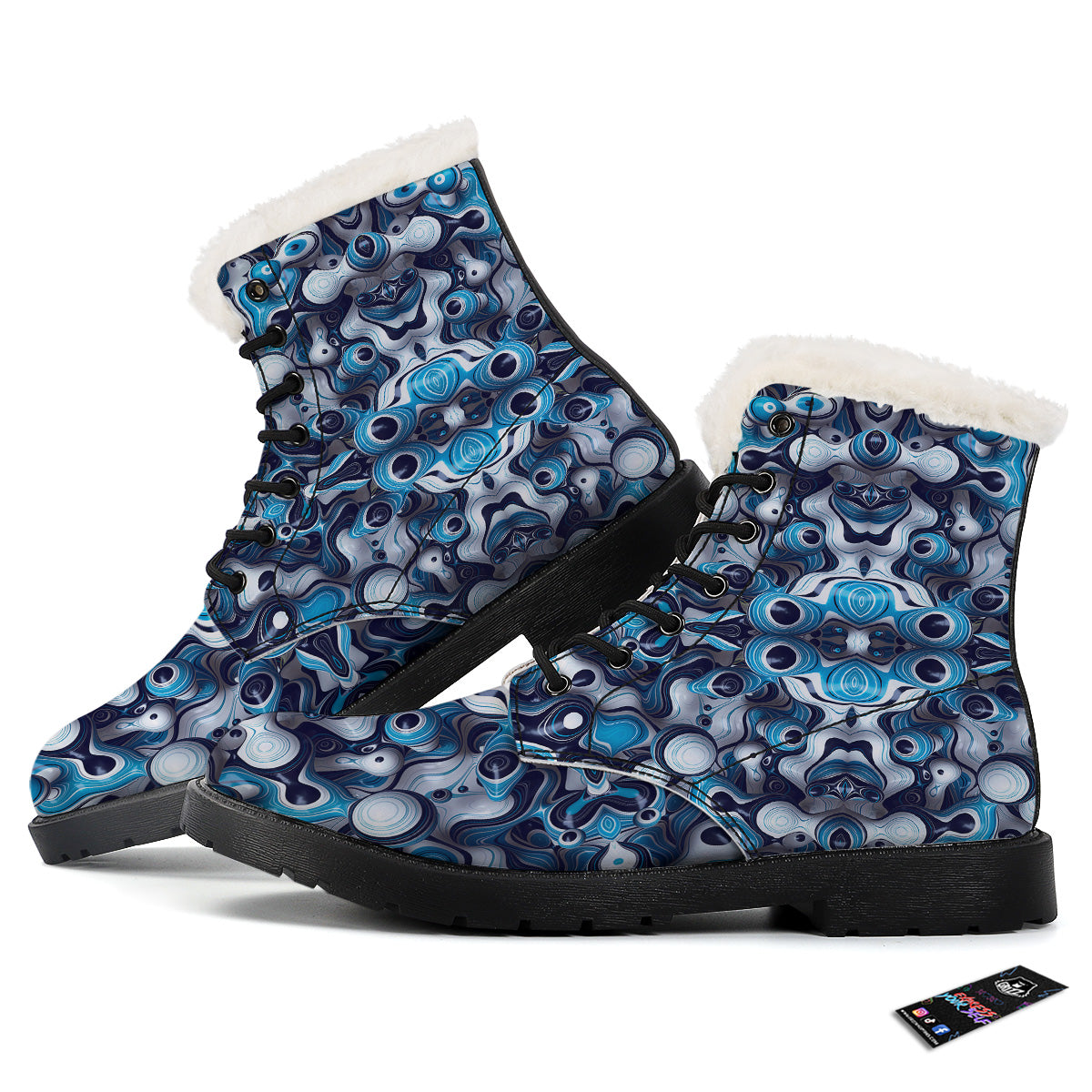 Abstract Wavy Bubbles Blue White Print Pattern Winter Boots-grizzshop