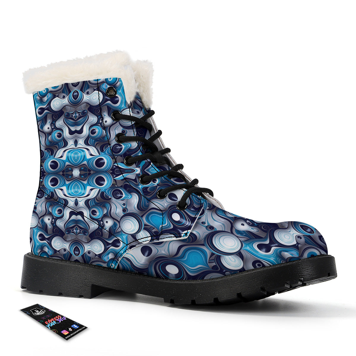 Abstract Wavy Bubbles Blue White Print Pattern Winter Boots-grizzshop