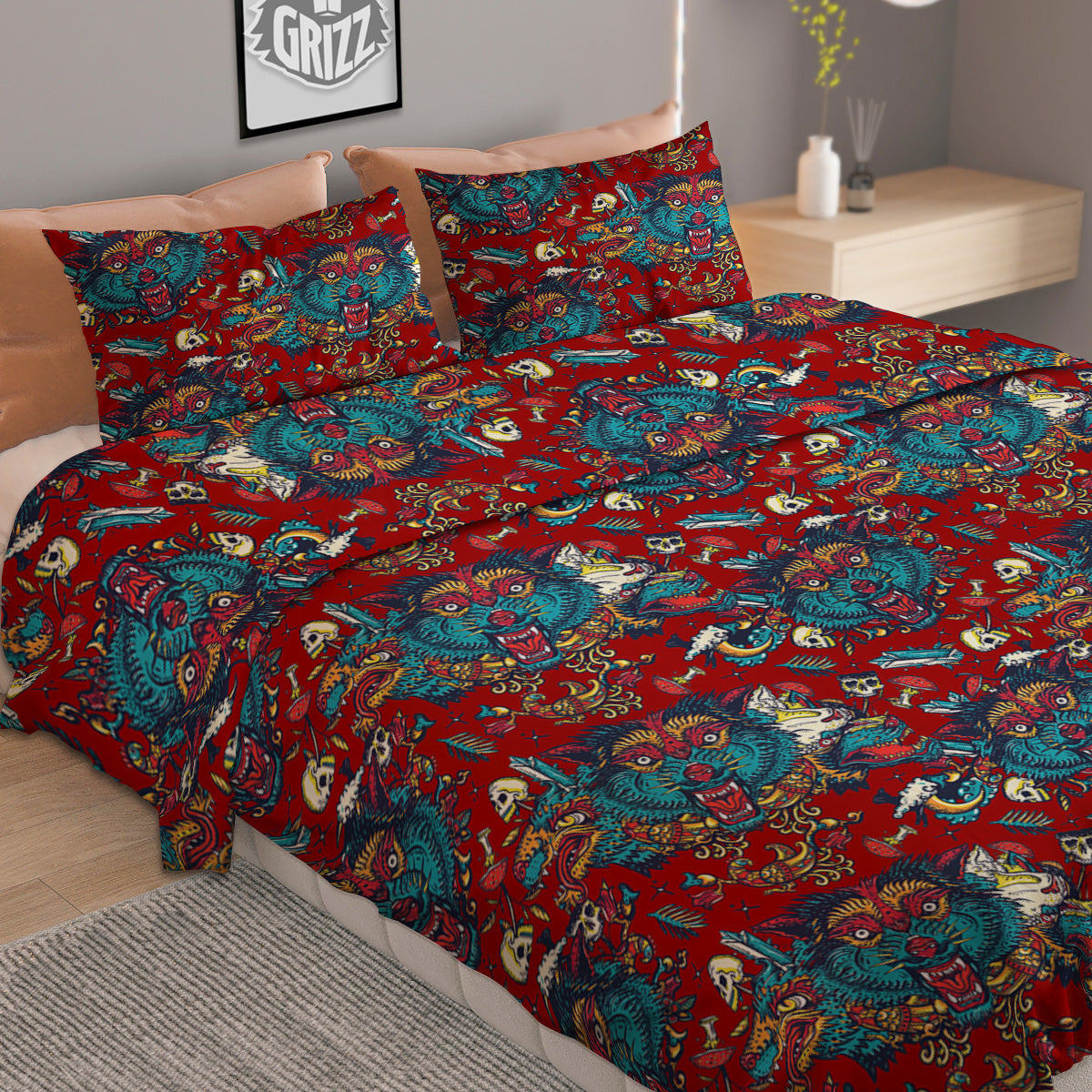 Abstract Wolf Fairy Tale Tattoo Print Pattern Duvet Cover Bedding Set