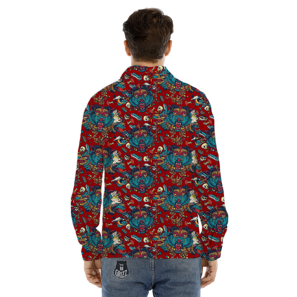 Abstract Wolf Fairy Tale Tattoo Print Pattern Men's Dress Shirts-grizzshop