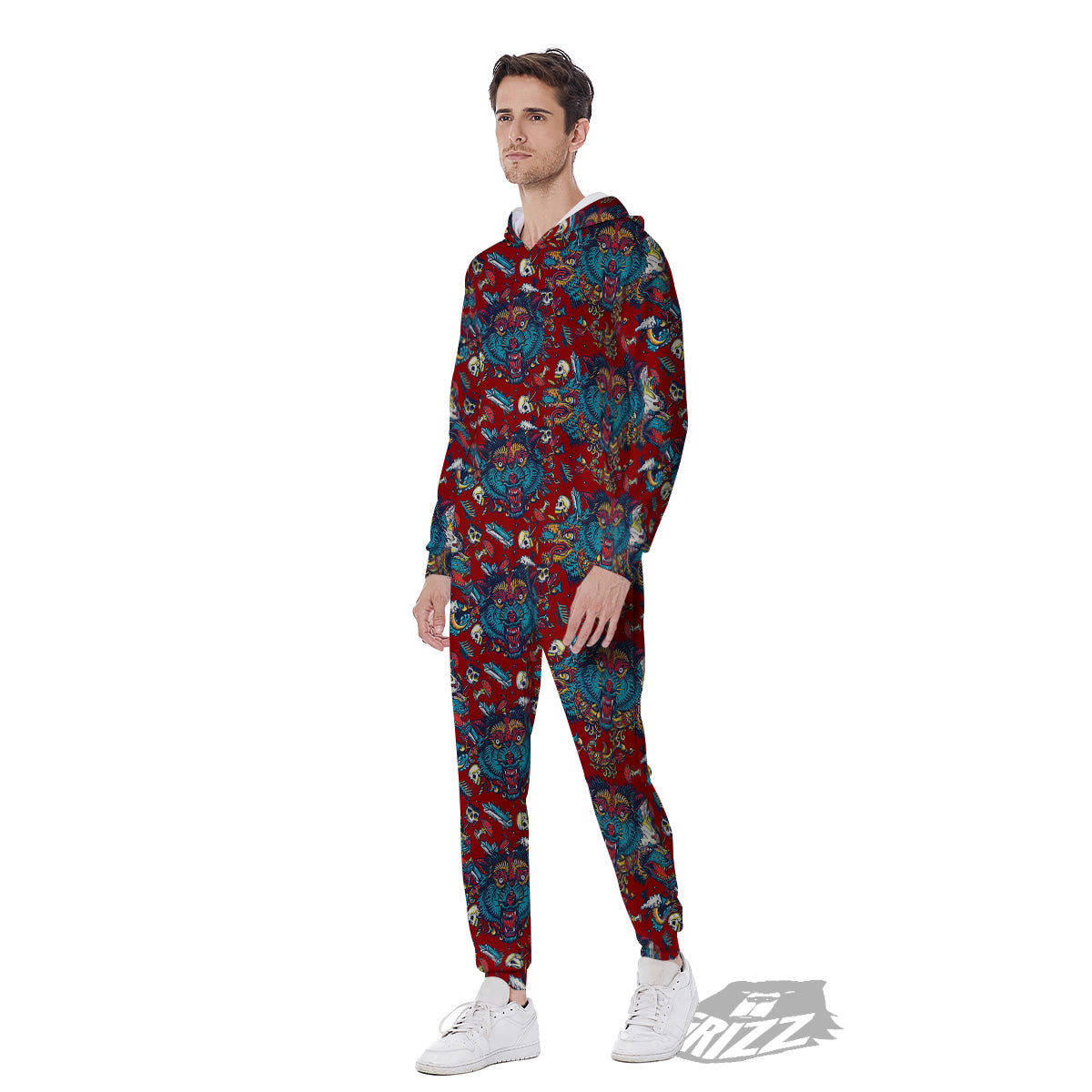 Abstract Wolf Fairy Tale Tattoo Print Pattern Men's Jumpsuit-grizzshop