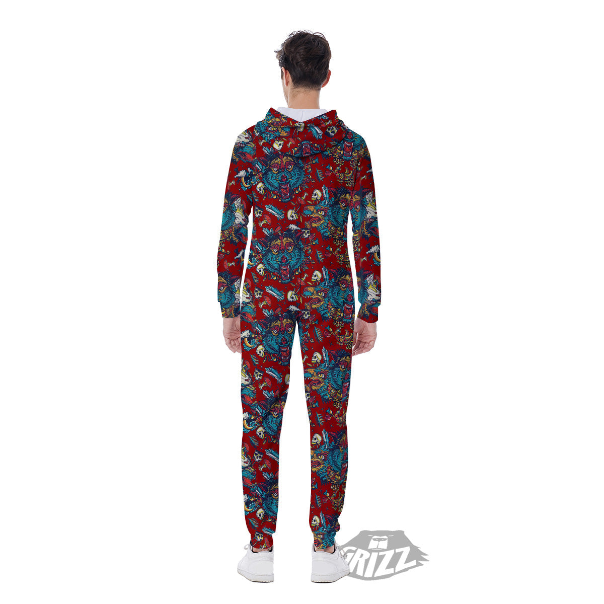Abstract Wolf Fairy Tale Tattoo Print Pattern Men's Jumpsuit-grizzshop
