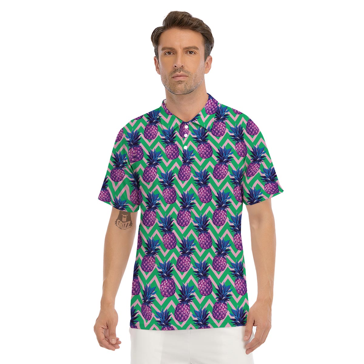 Abstract Hawaiian Pineapple Print Men's Golf Shirts-grizzshop