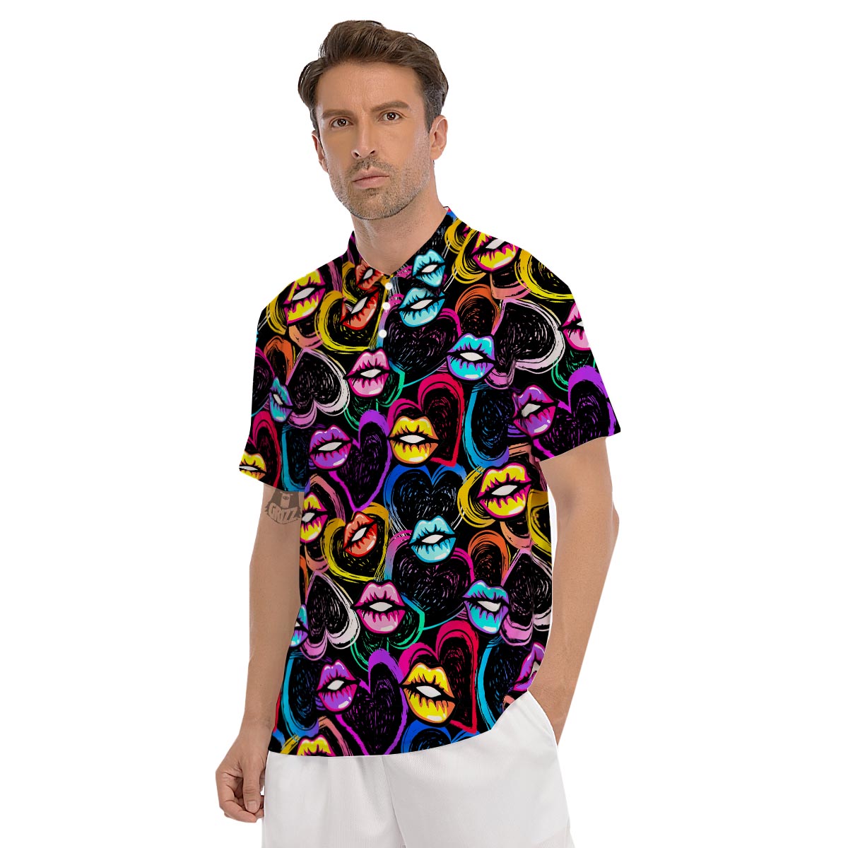 Abstract Lip Graffiti Print Men's Golf Shirts-grizzshop