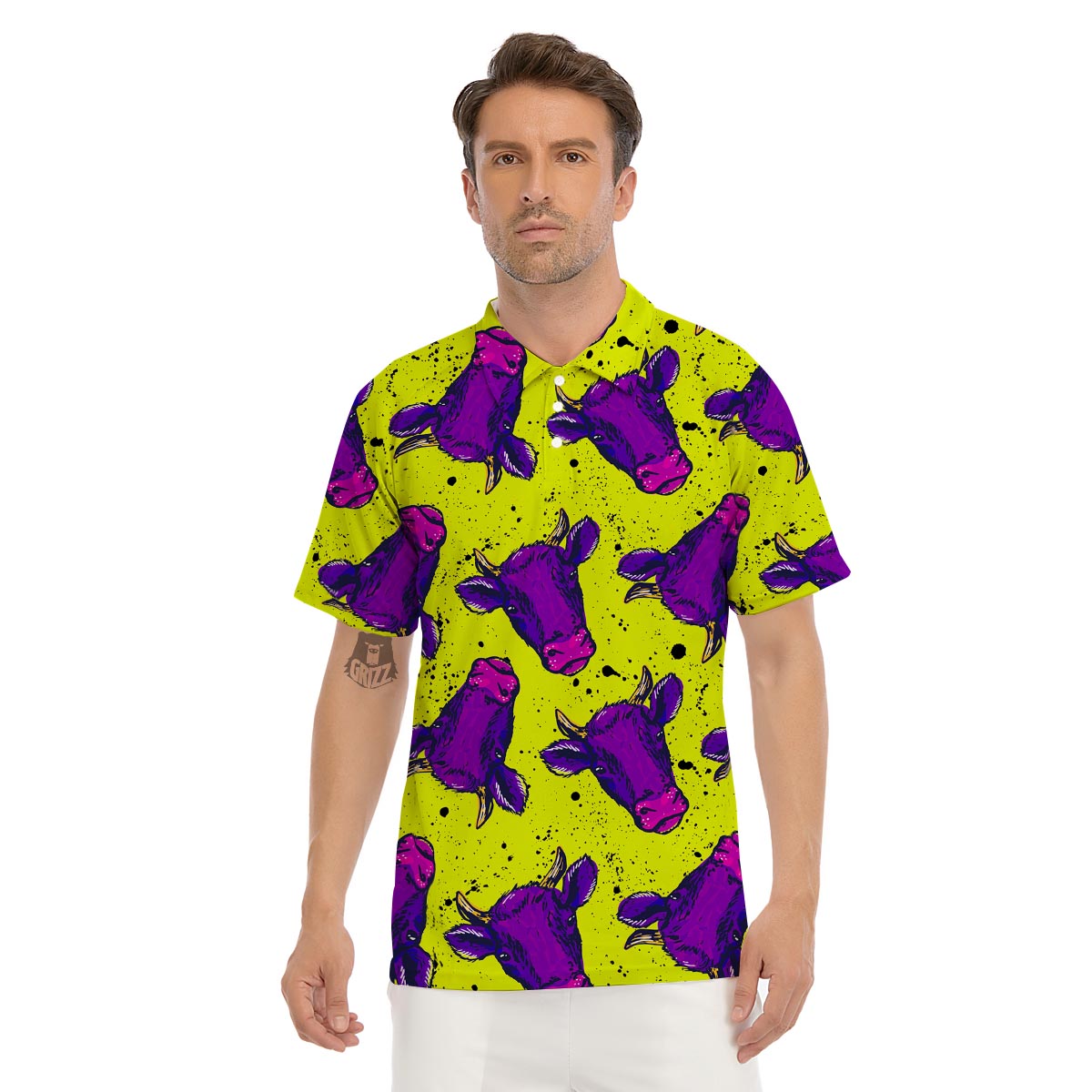 Abstract Neon Cow Print Men's Golf Shirts-grizzshop