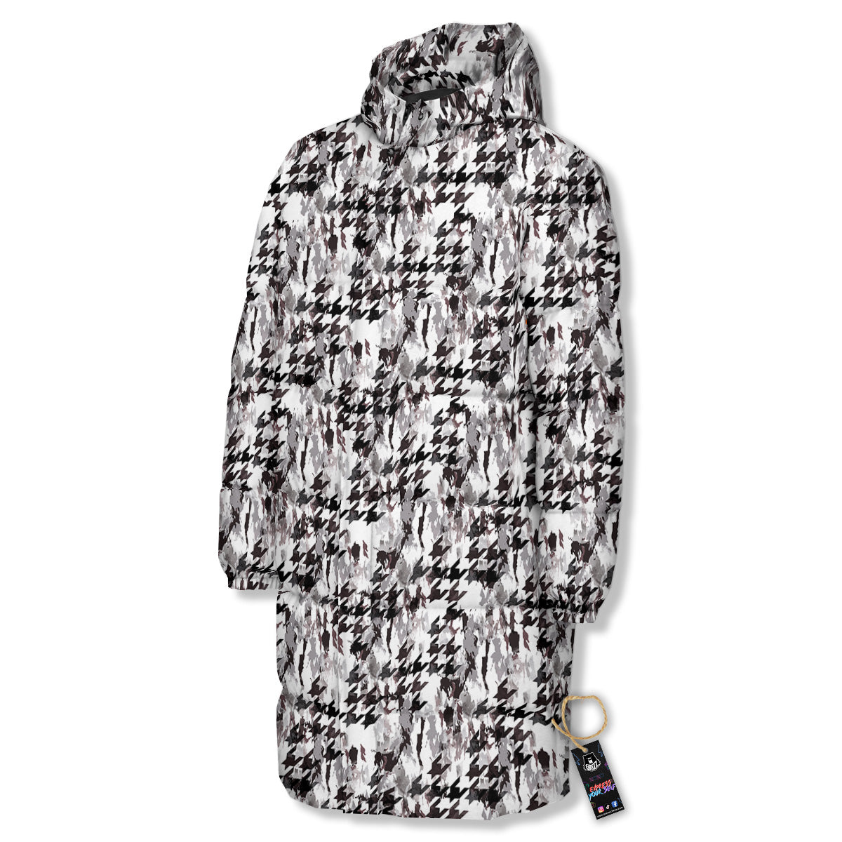 Abstract Houndstooth And Camo Print Pattern Long Down Jacket