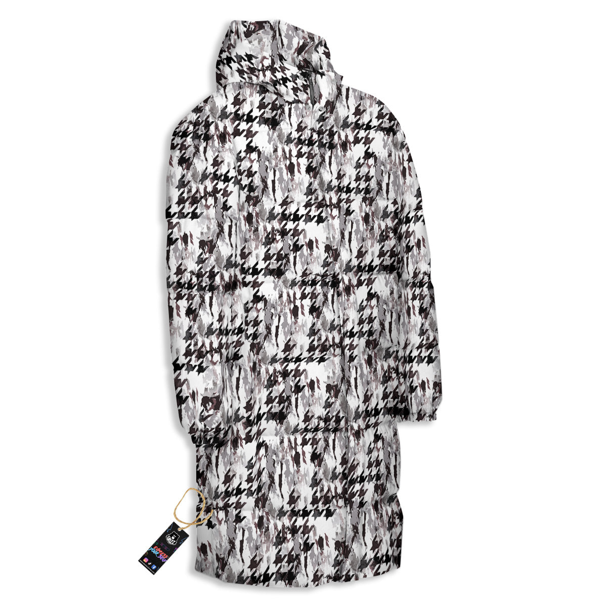 Abstract Houndstooth And Camo Print Pattern Long Down Jacket