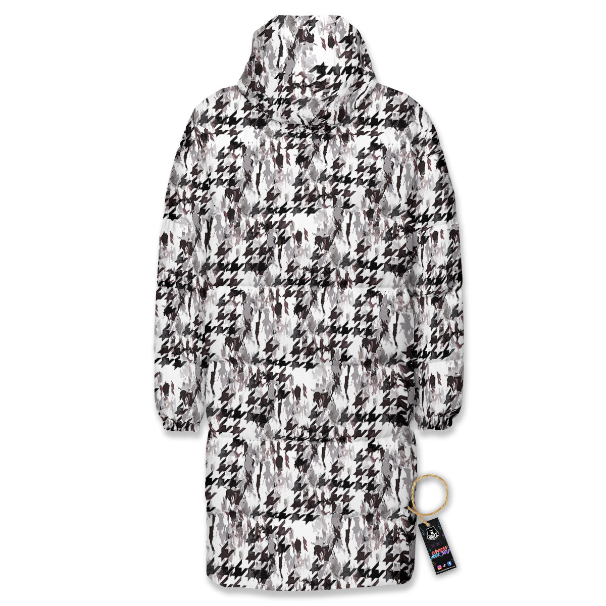 Abstract Houndstooth And Camo Print Pattern Long Down Jacket