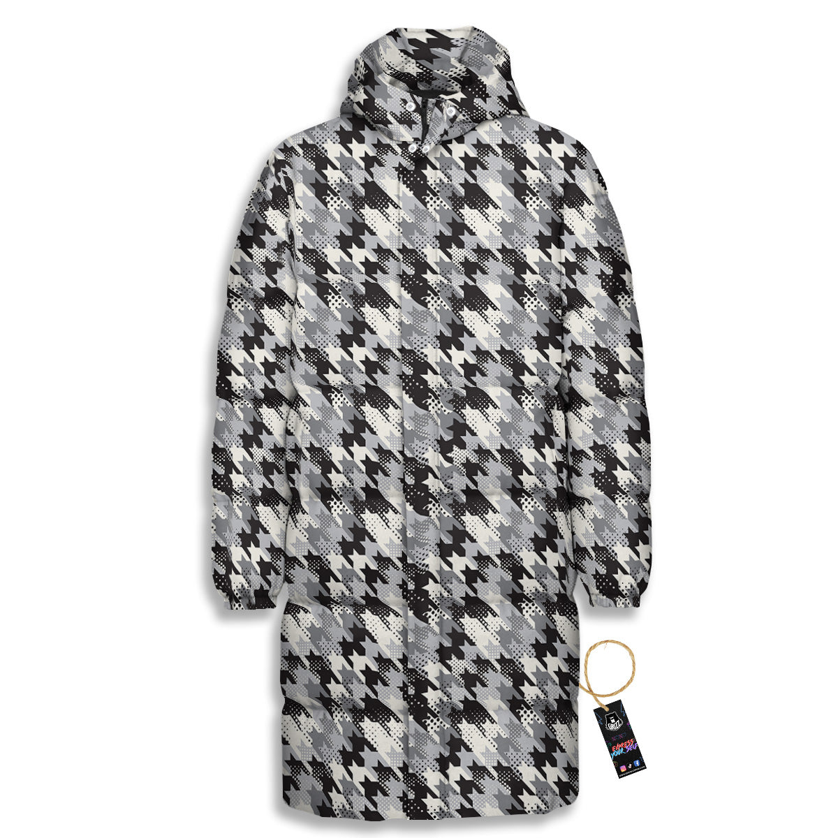 Abstract Houndstooth And Dots Print Pattern Long Down Jacket