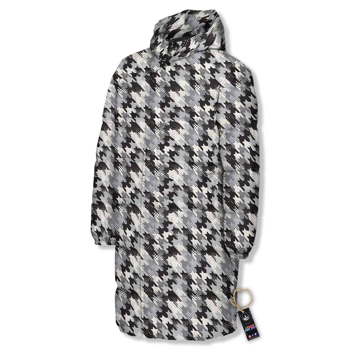 Abstract Houndstooth And Dots Print Pattern Long Down Jacket