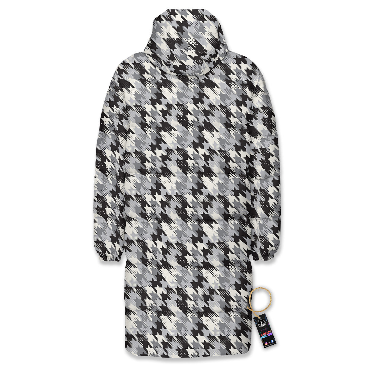 Abstract Houndstooth And Dots Print Pattern Long Down Jacket