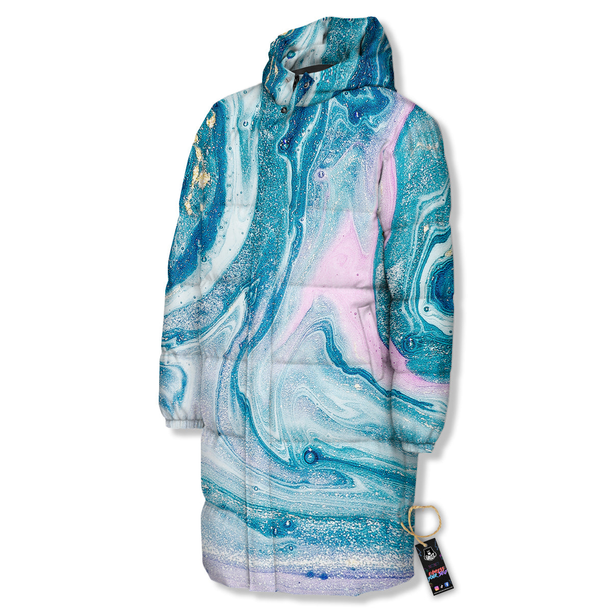 Abstract Ocean Marble Pink Blue Print Long Down Jacket