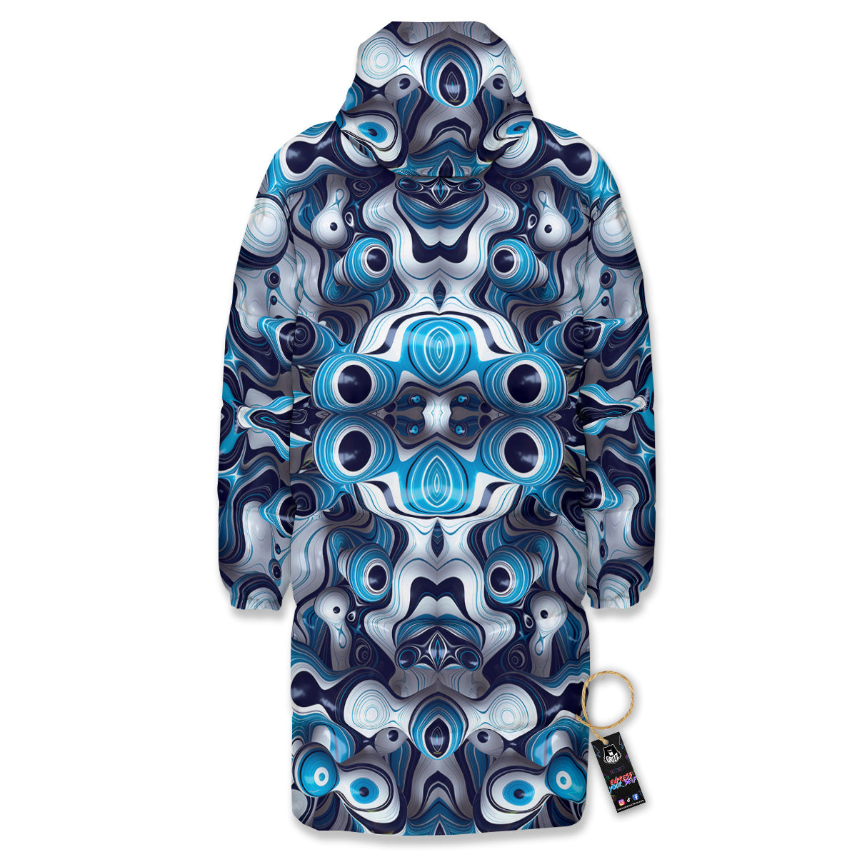 Abstract Wavy Bubbles Blue White Print Pattern Long Down Jacket