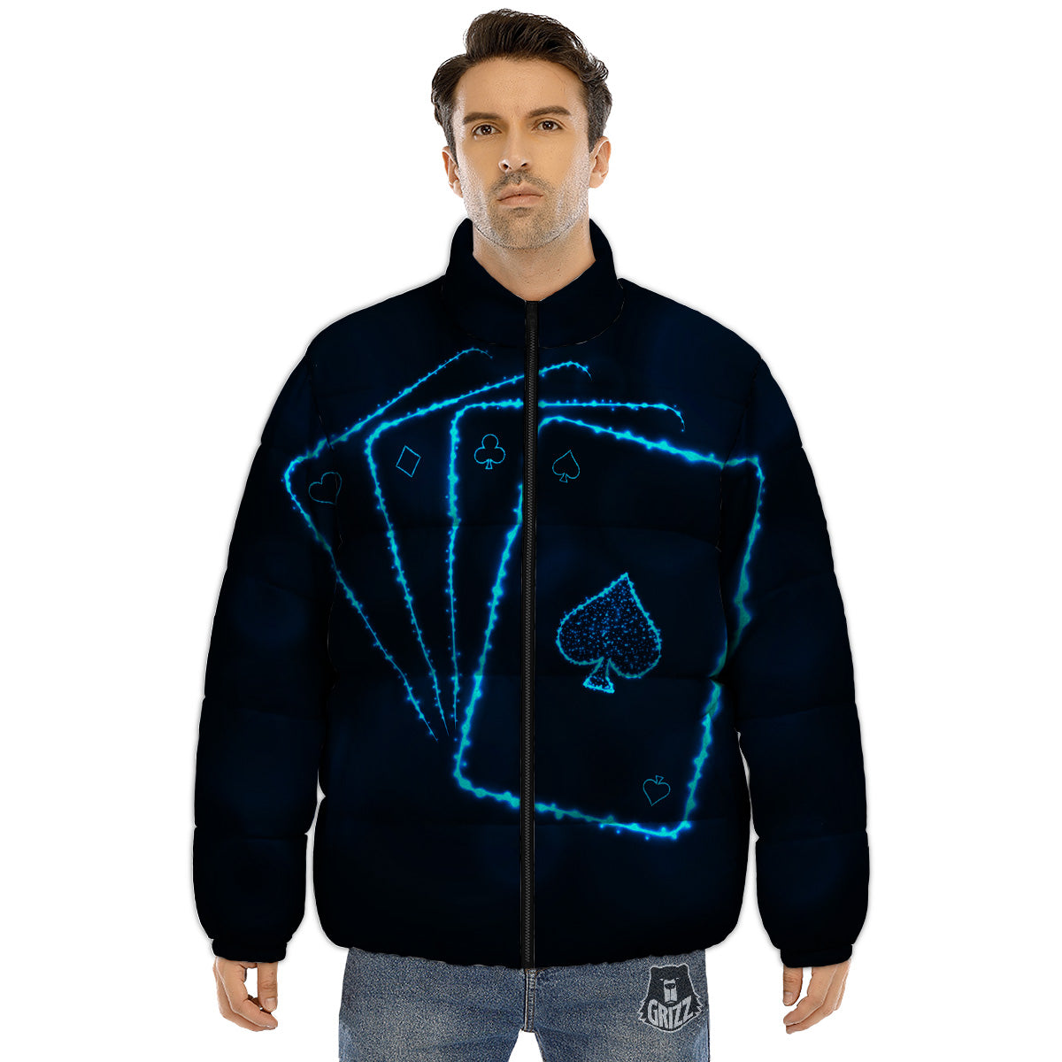 Ace Card Blue Print Puffer Jacket-grizzshop
