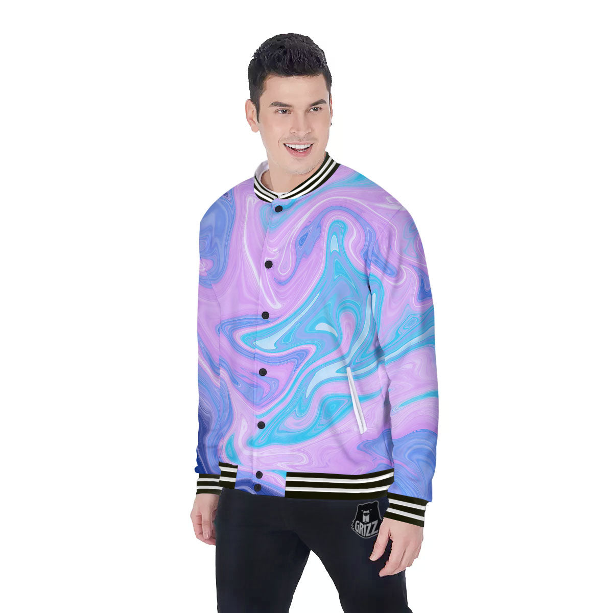 Acid Melt Blue And Pink Print Baseball Jacket-grizzshop