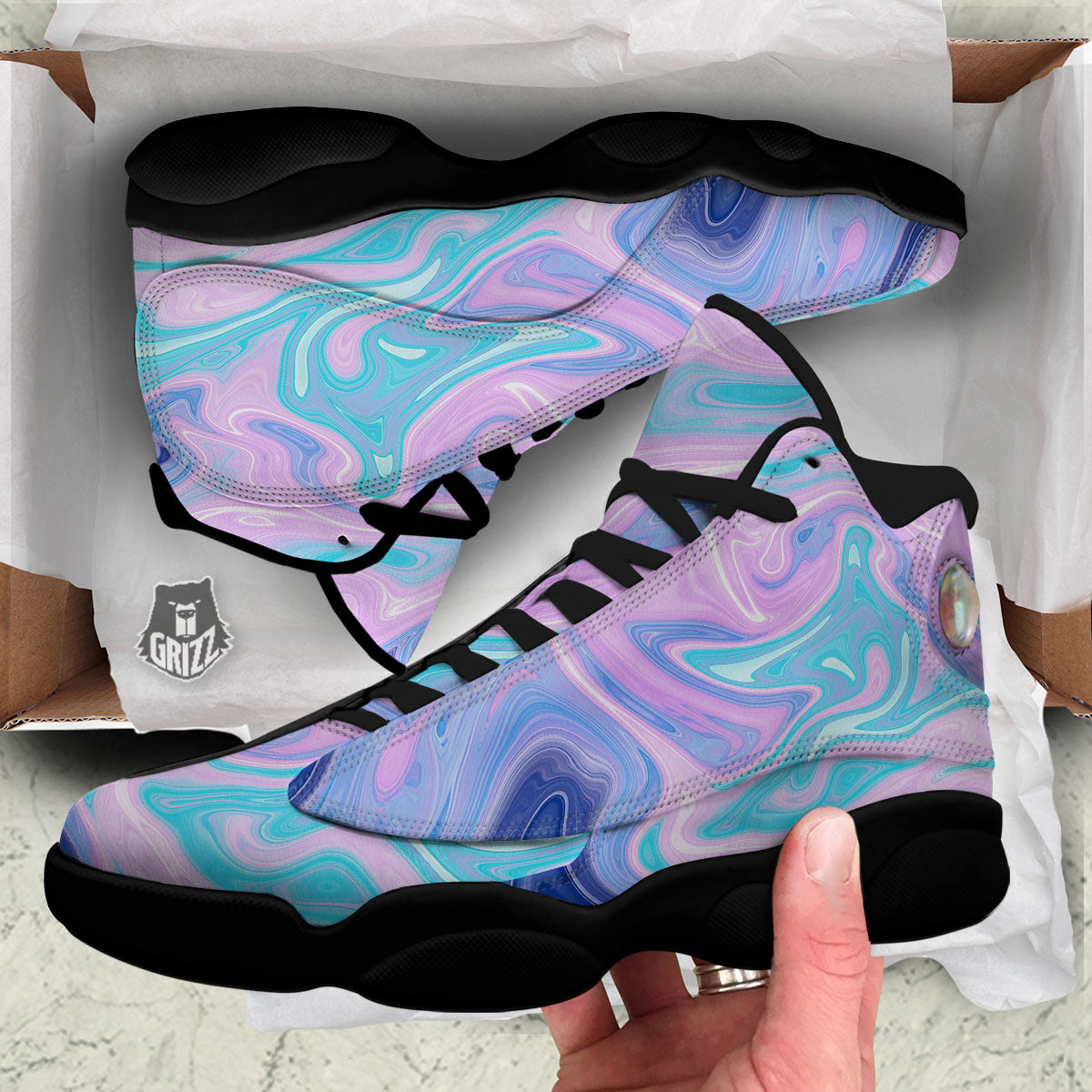 Acid Melt Blue And Pink Print Black Basketball Shoes-grizzshop