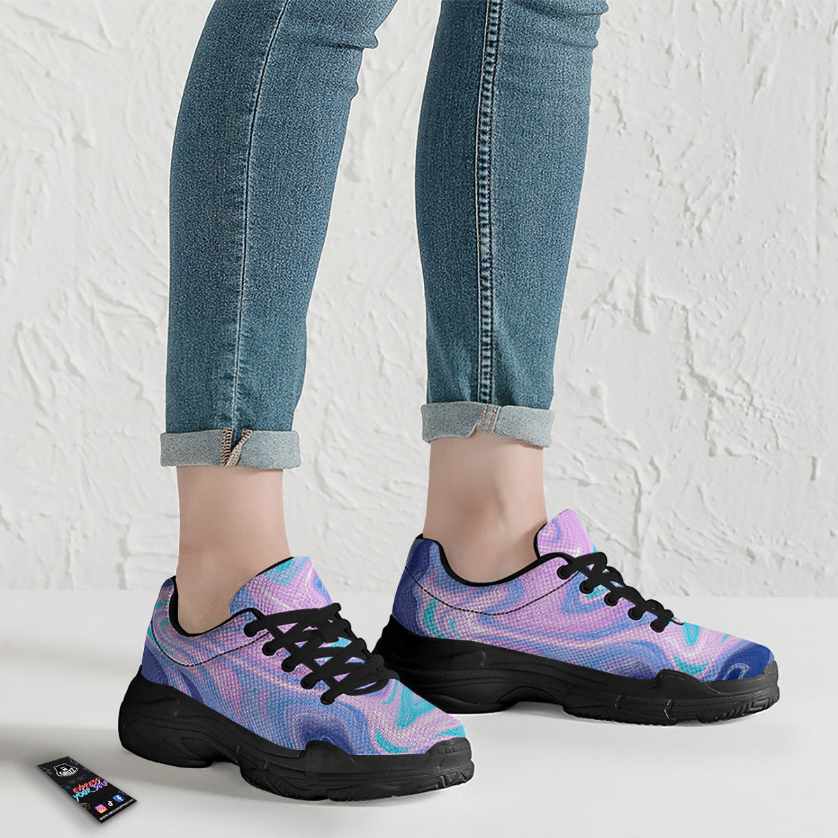 Acid Melt Blue And Pink Print Black Chunky Shoes-grizzshop