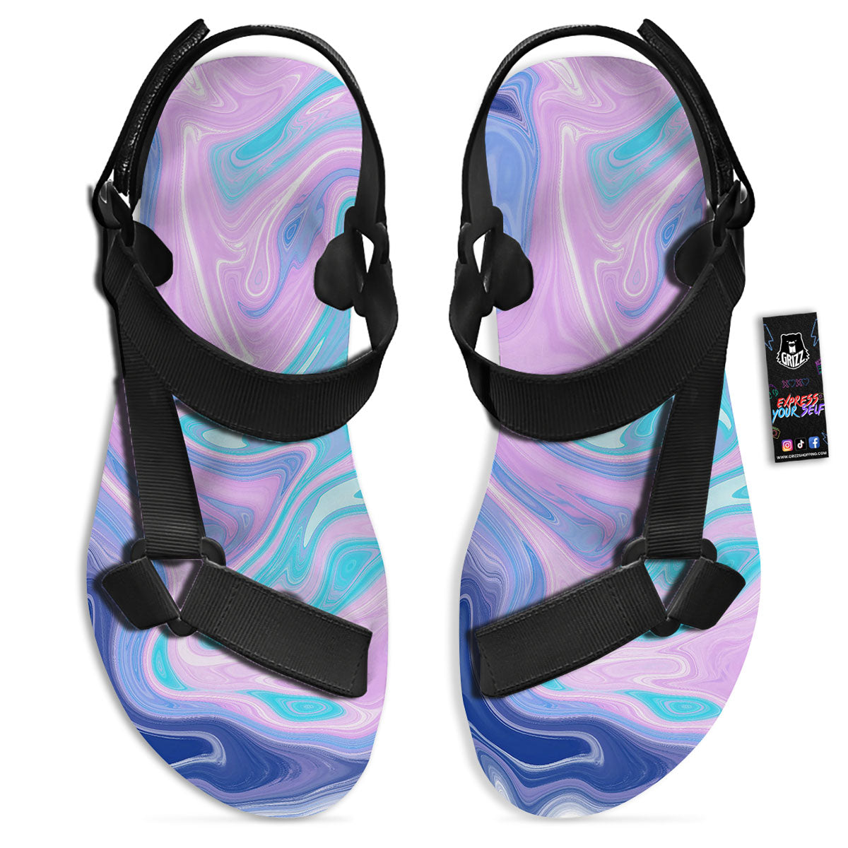 Acid Melt Blue And Pink Print Black Open Toe Sandals-grizzshop