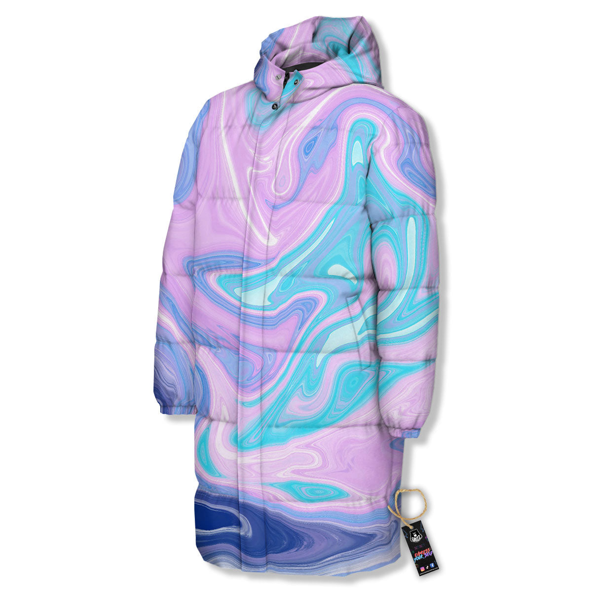 Acid Melt Blue And Pink Print Long Down Jacket-grizzshop