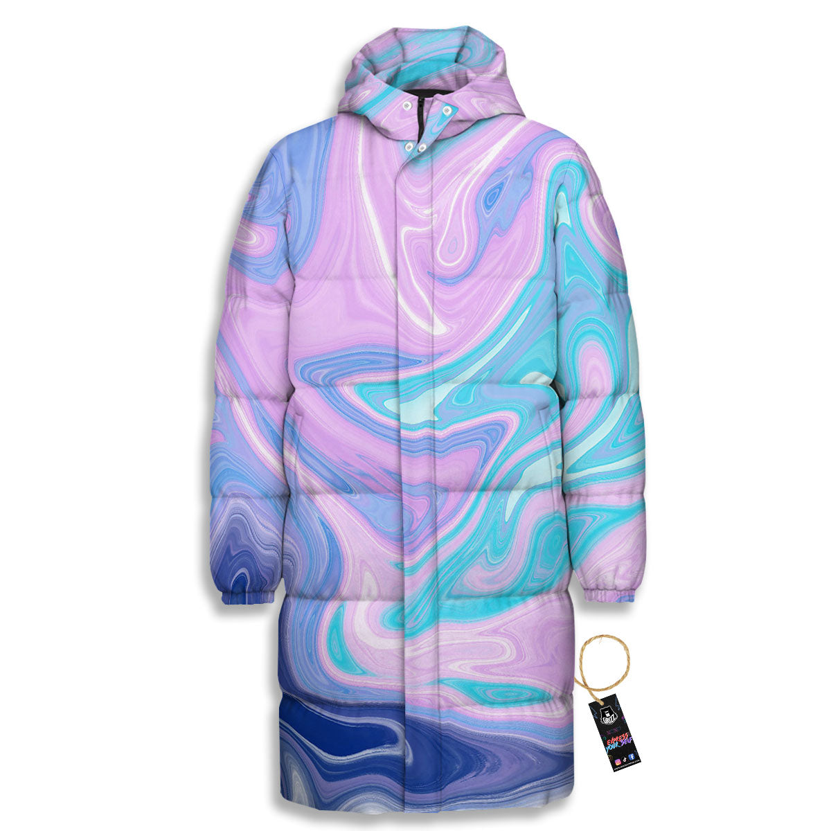 Acid Melt Blue And Pink Print Long Down Jacket-grizzshop