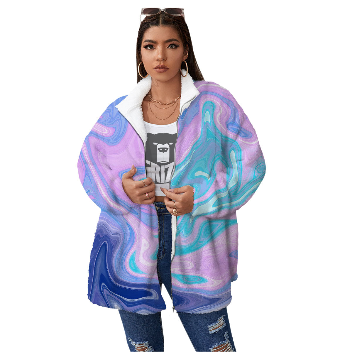 Acid Melt Blue And Pink Print Women's Sherpa Jacket-grizzshop