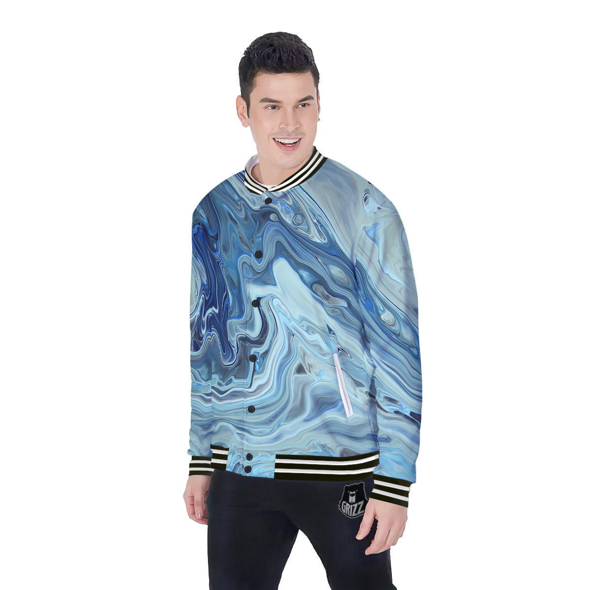 Acid Melt Blue Ocean Print Baseball Jacket-grizzshop