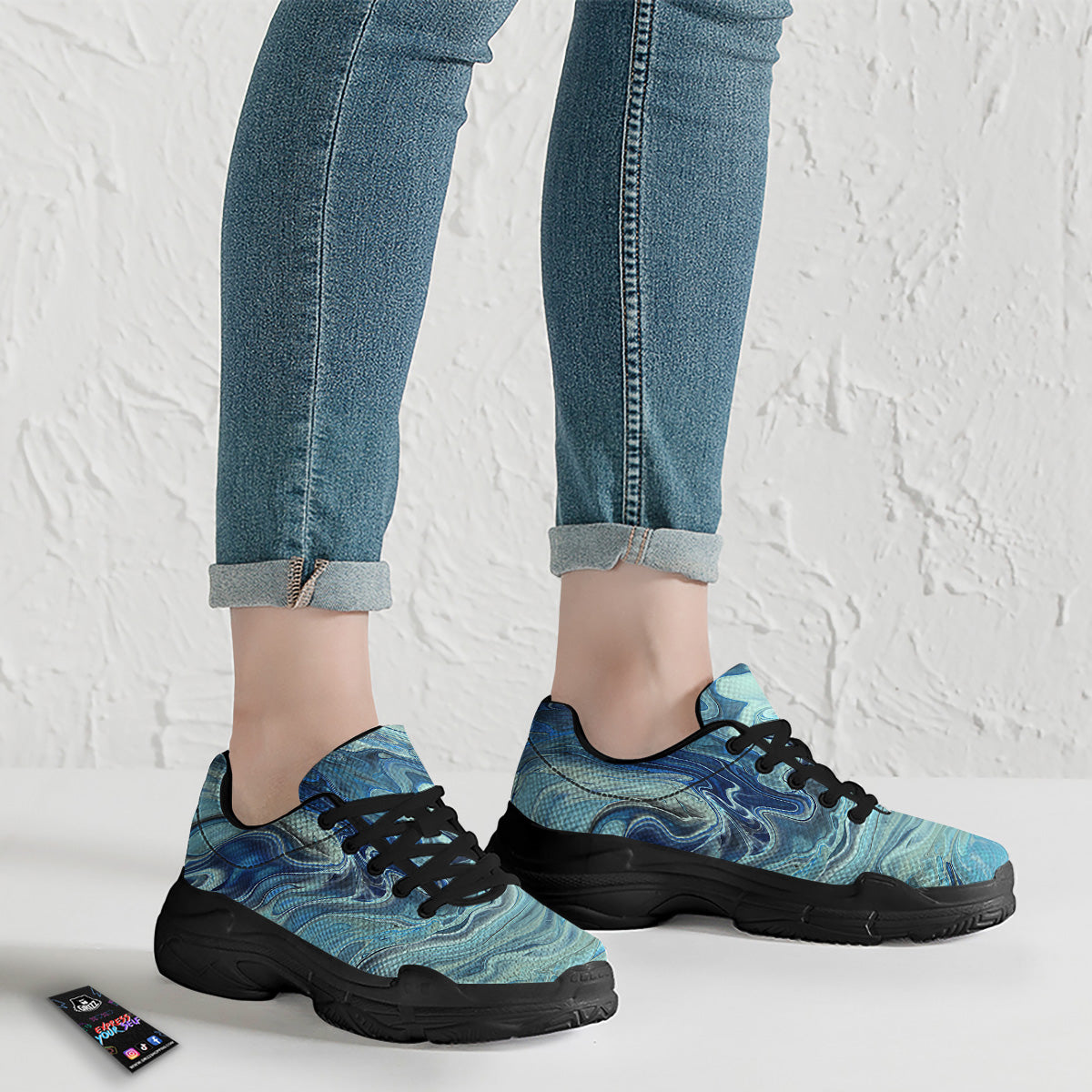 Acid Melt Blue Ocean Print Black Chunky Shoes-grizzshop
