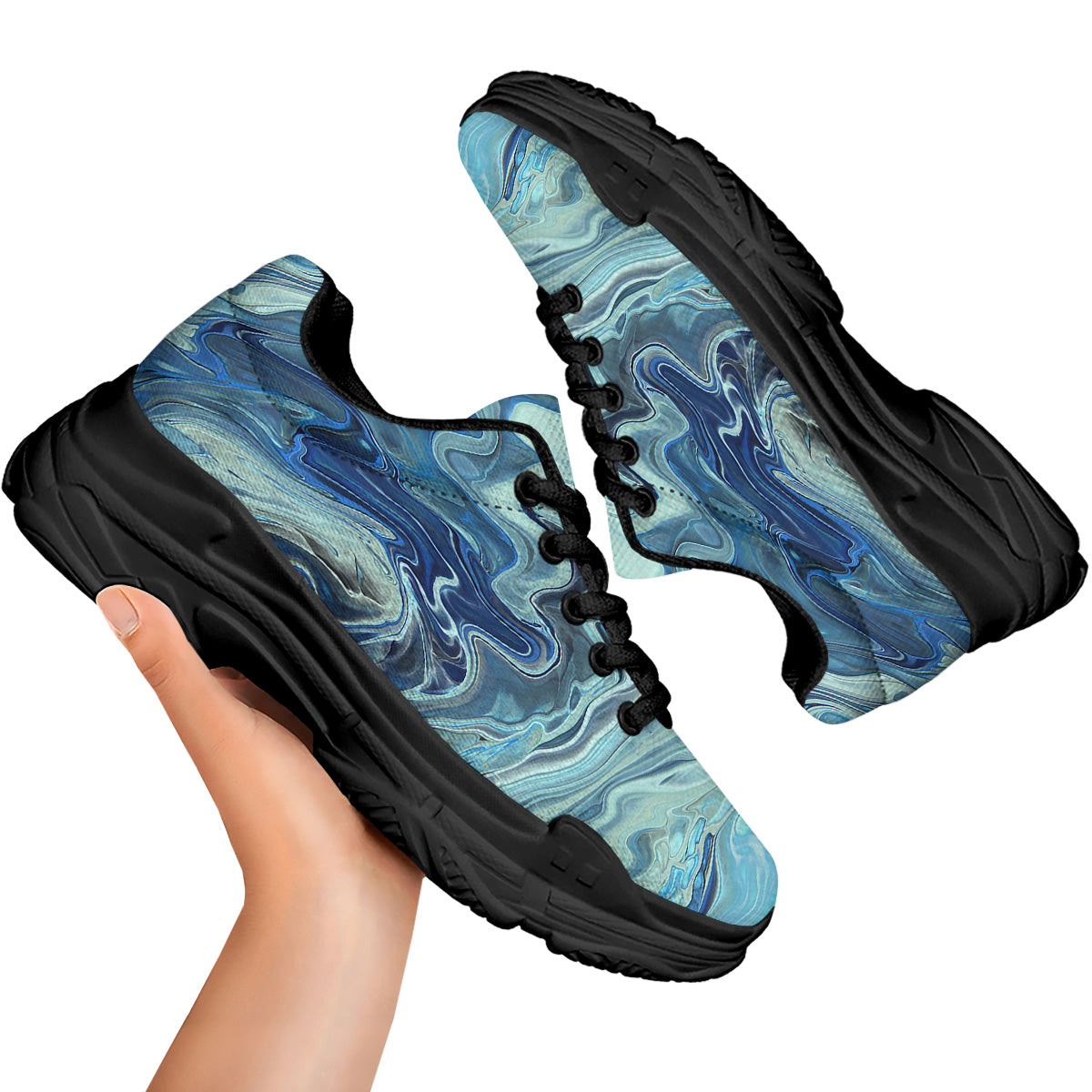 Acid Melt Blue Ocean Print Black Chunky Shoes-grizzshop