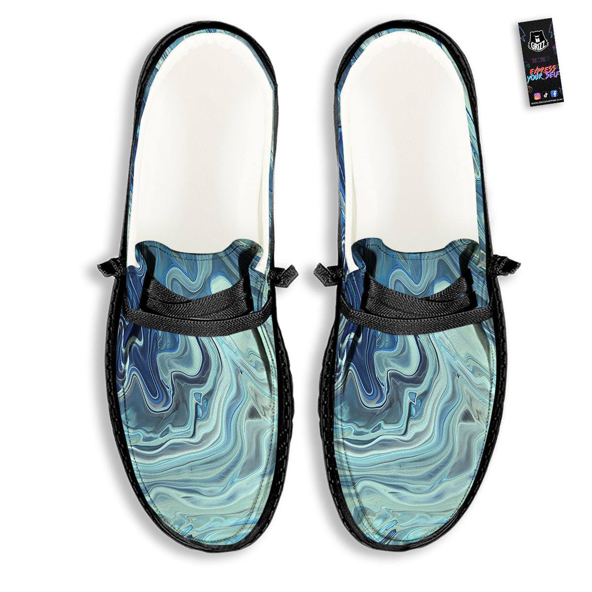 Acid Melt Blue Ocean Print Black Loafers-grizzshop