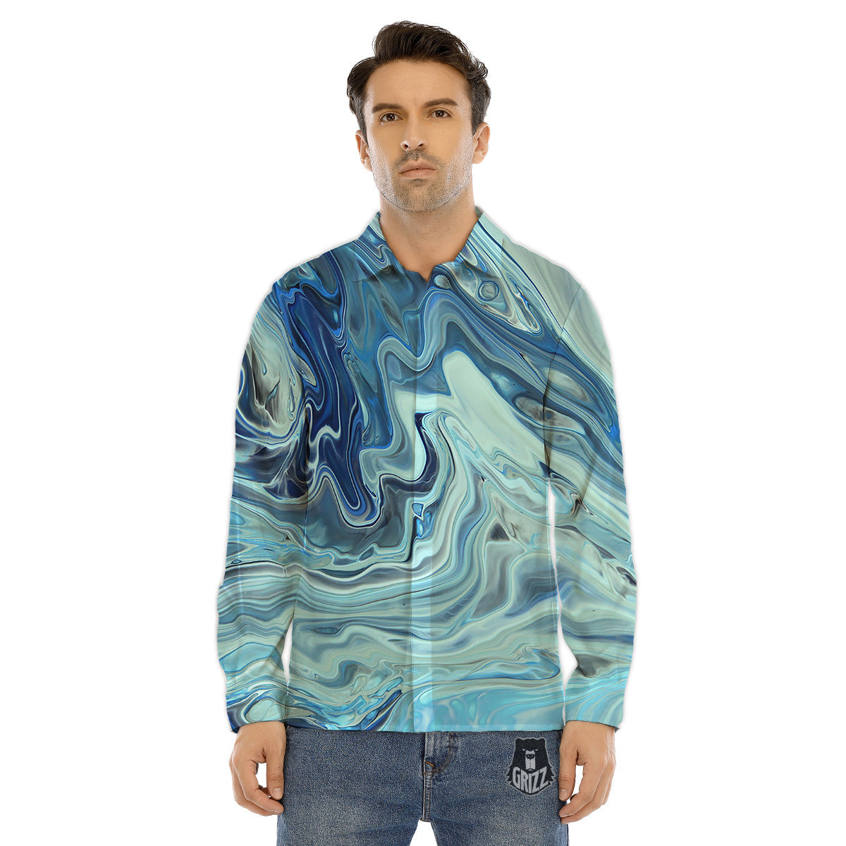 Acid Melt Blue Ocean Print Men's Dress Shirts-grizzshop