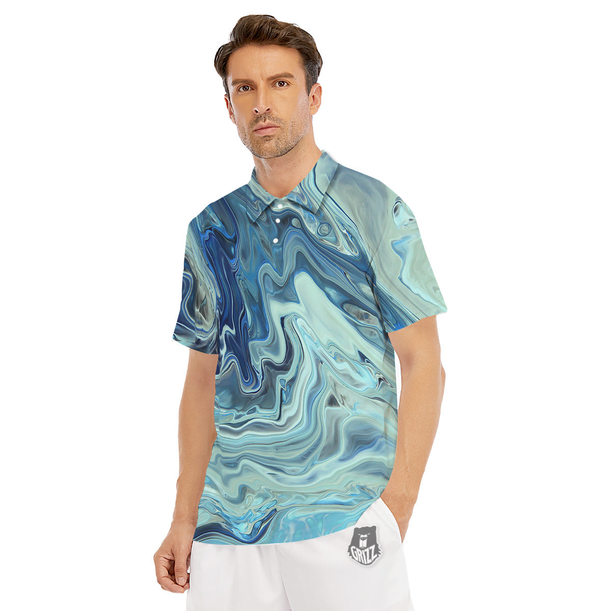 Acid Melt Blue Ocean Print Men's Golf Shirts-grizzshop