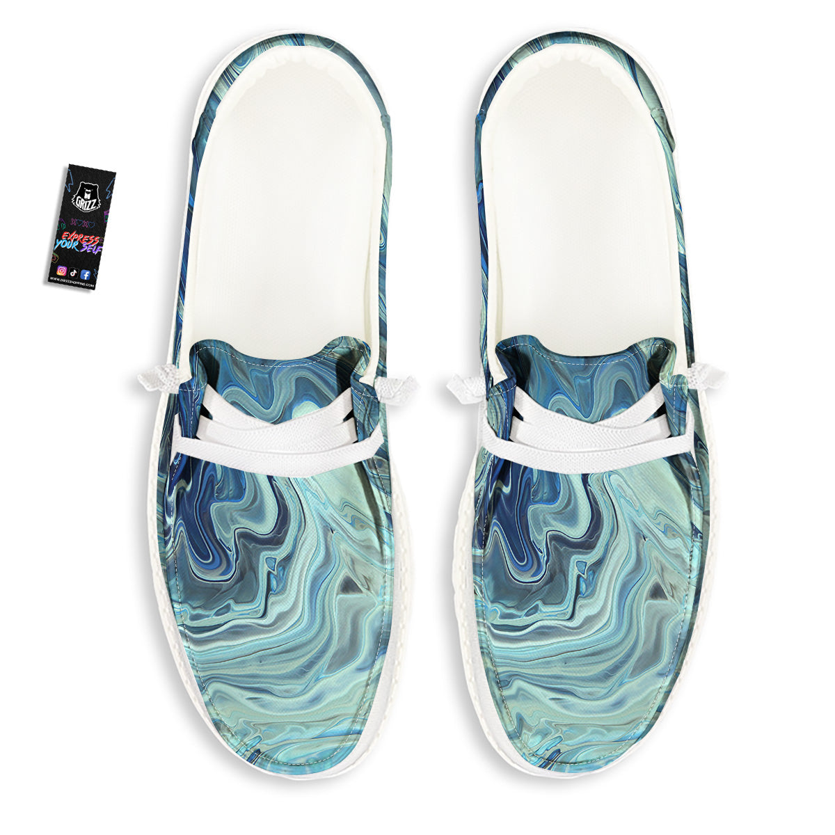 Acid Melt Blue Ocean Print White Loafers-grizzshop