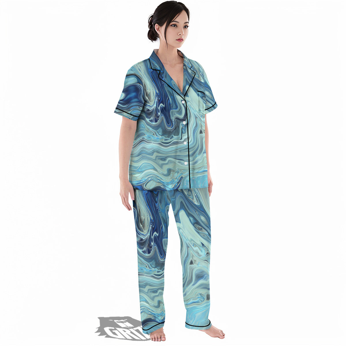 Acid Melt Blue Ocean Print Women's Pajamas Set-grizzshop