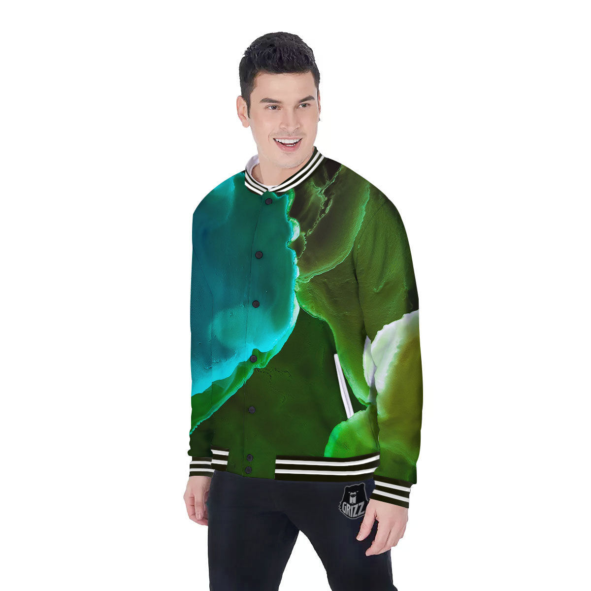 Acid Melt Green And Turquoise Print Baseball Jacket-grizzshop