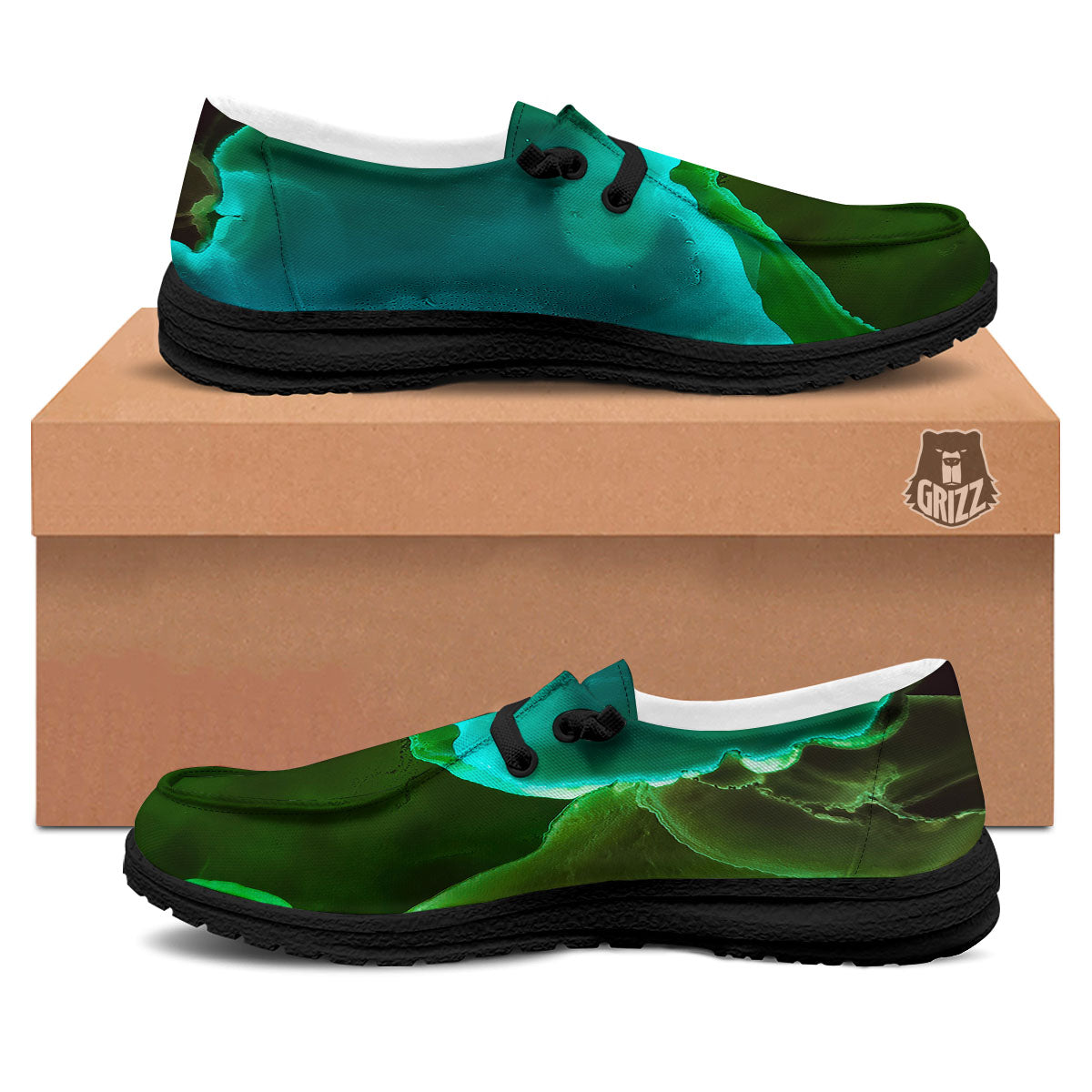 Acid Melt Green And Turquoise Print Black Loafers-grizzshop