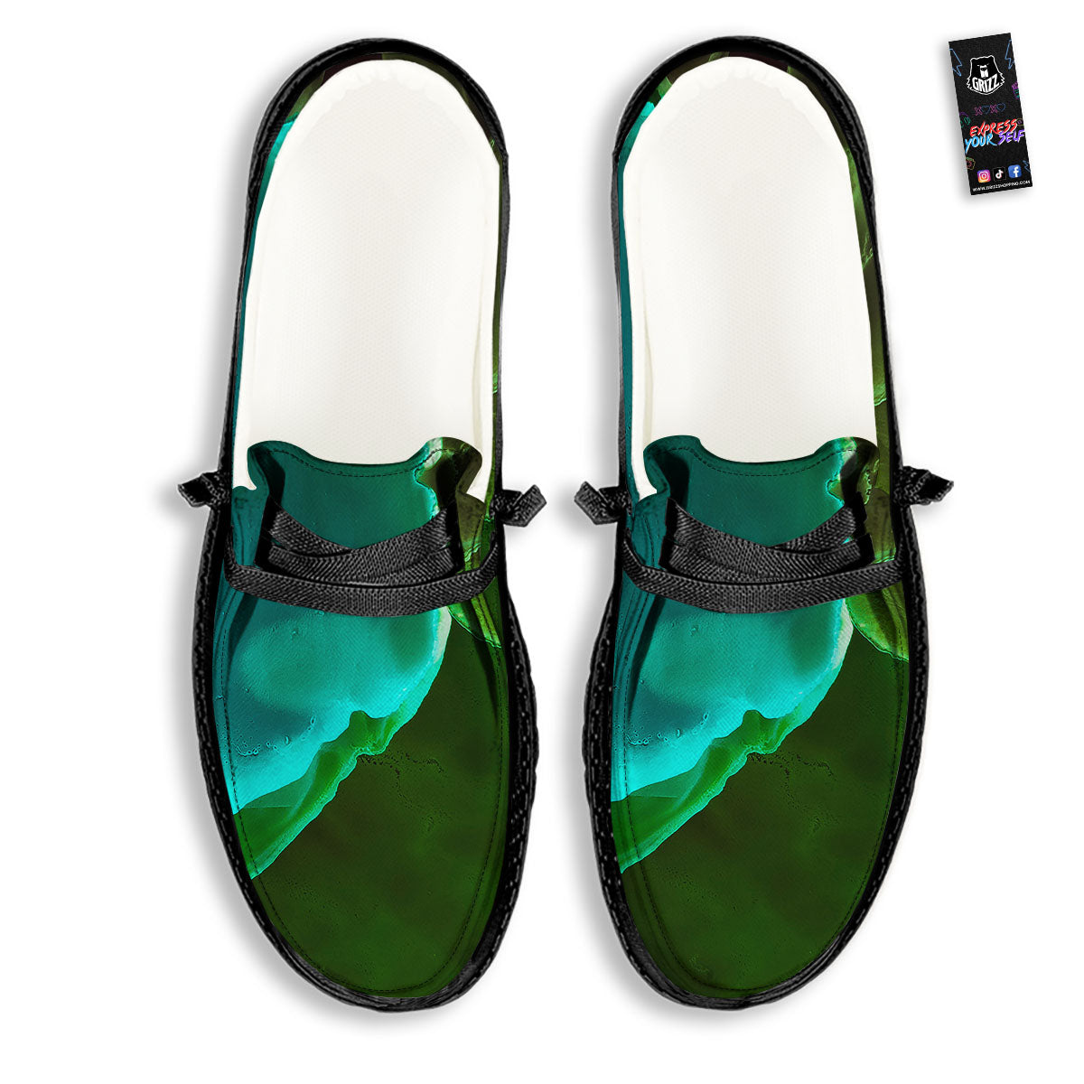 Acid Melt Green And Turquoise Print Black Loafers-grizzshop