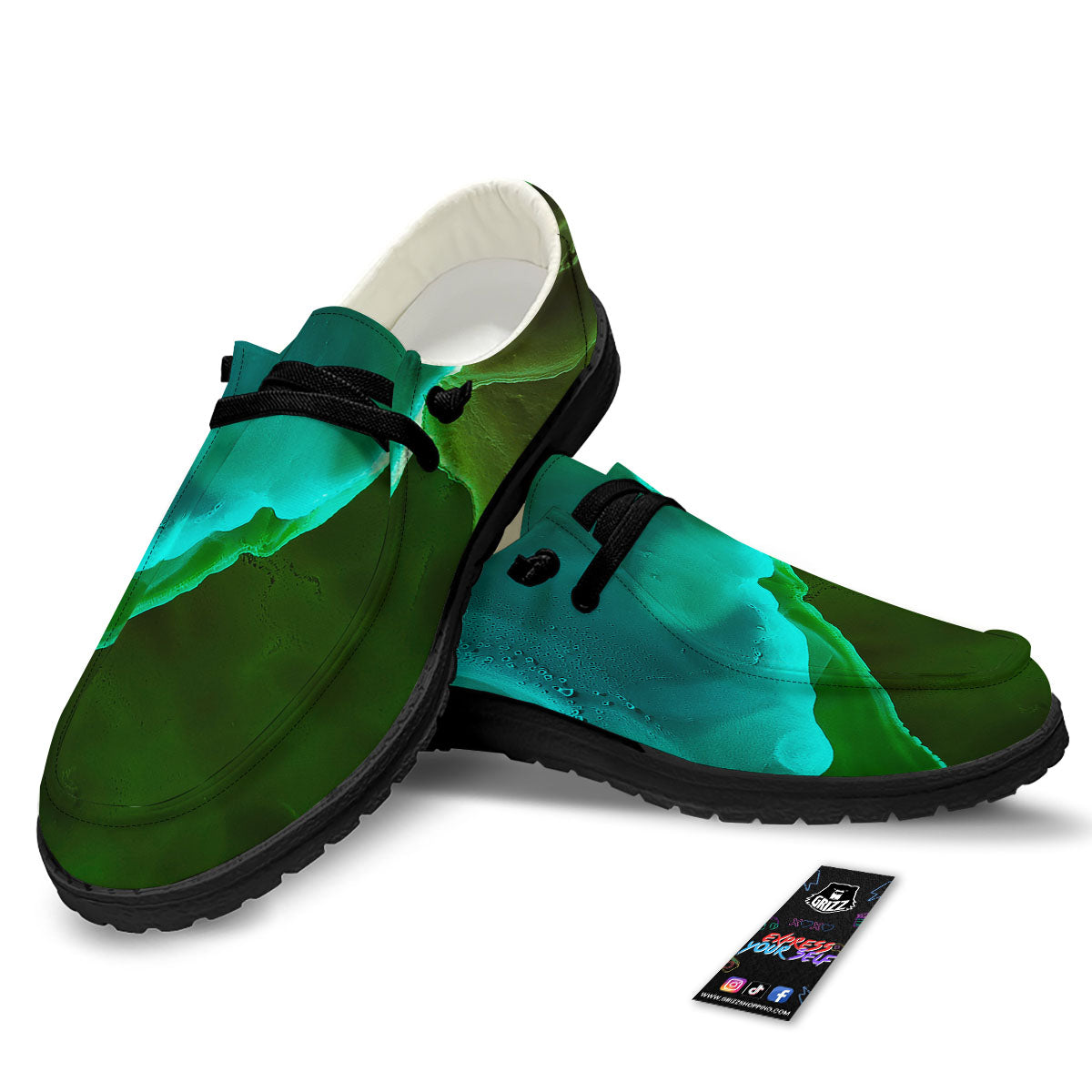 Acid Melt Green And Turquoise Print Black Loafers-grizzshop