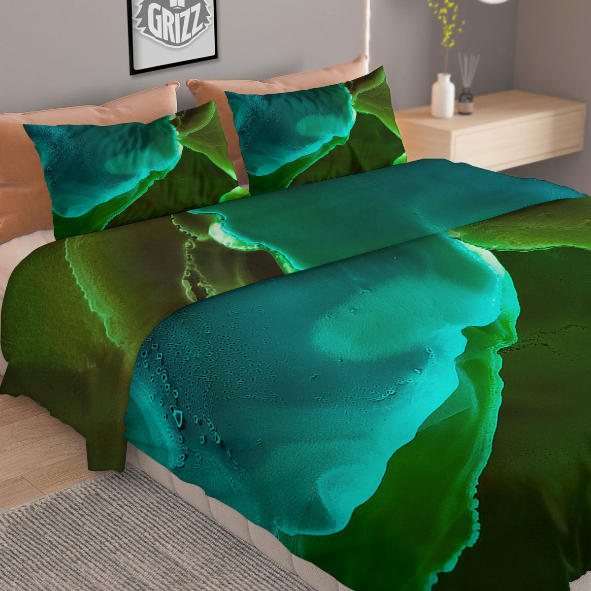 Acid Melt Green And Turquoise Print Duvet Cover Bedding Set