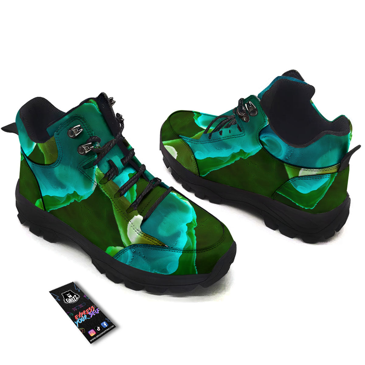 Acid Melt Green And Turquoise Print Hiking Shoes-grizzshop