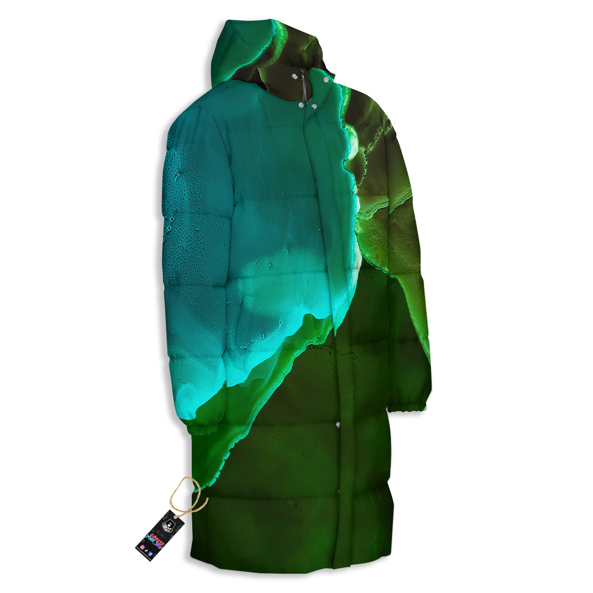 Acid Melt Green And Turquoise Print Long Down Jacket-grizzshop